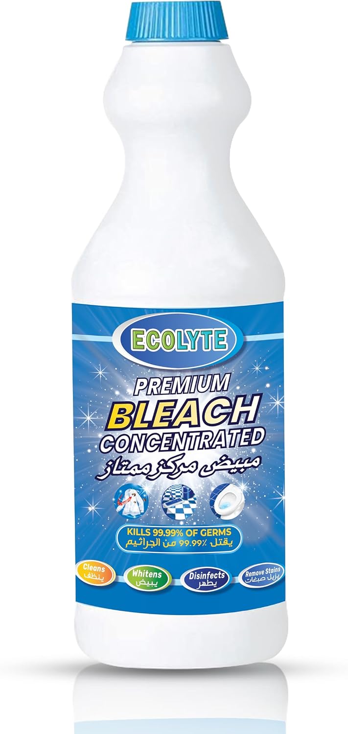 ECOLYTE+ Bleach Premium, For White Clothes, Removes Tough Stains, Brighter Whites, Ideal for Bathroom Taps, Basins, Showers & Toilet Cleaner (1 Liter) — front product image