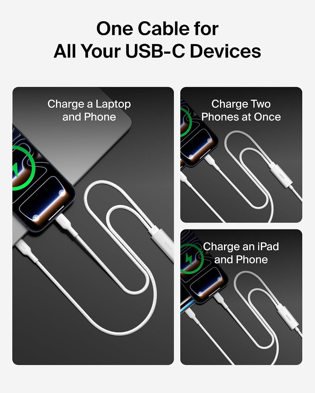 Belkin BoostCharge Pro 2-in-1 USB C to USB C Charger Cable 140W, Braided Dual Charging Cable - Fast-Charging Combo Cord with Smart Power Sharing for MacBook, iPhone, iPad, Samsung, Pixel, etc - White