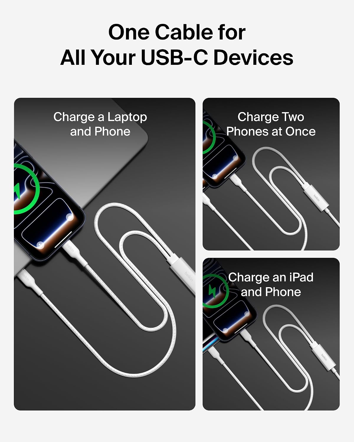 Belkin BoostCharge Pro 2-in-1 USB C to USB C Charger Cable 140W, Braided Dual Charging Cable - Fast-Charging Combo Cord with Smart Power Sharing for MacBook, iPhone, iPad, Samsung, Pixel, etc - White