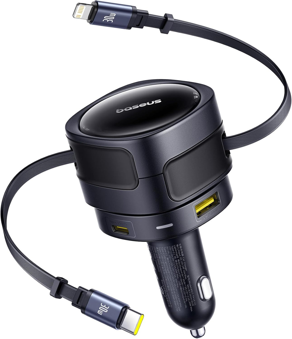 Baseus Enjoyment Max 90W 4-in-1 Car Charger, Retractable USB-C & Lightning Cables, Dual USB-C + USB-A Ports, PD & QC 3.0, 180° Rotating Fast Charging Adapter — Black