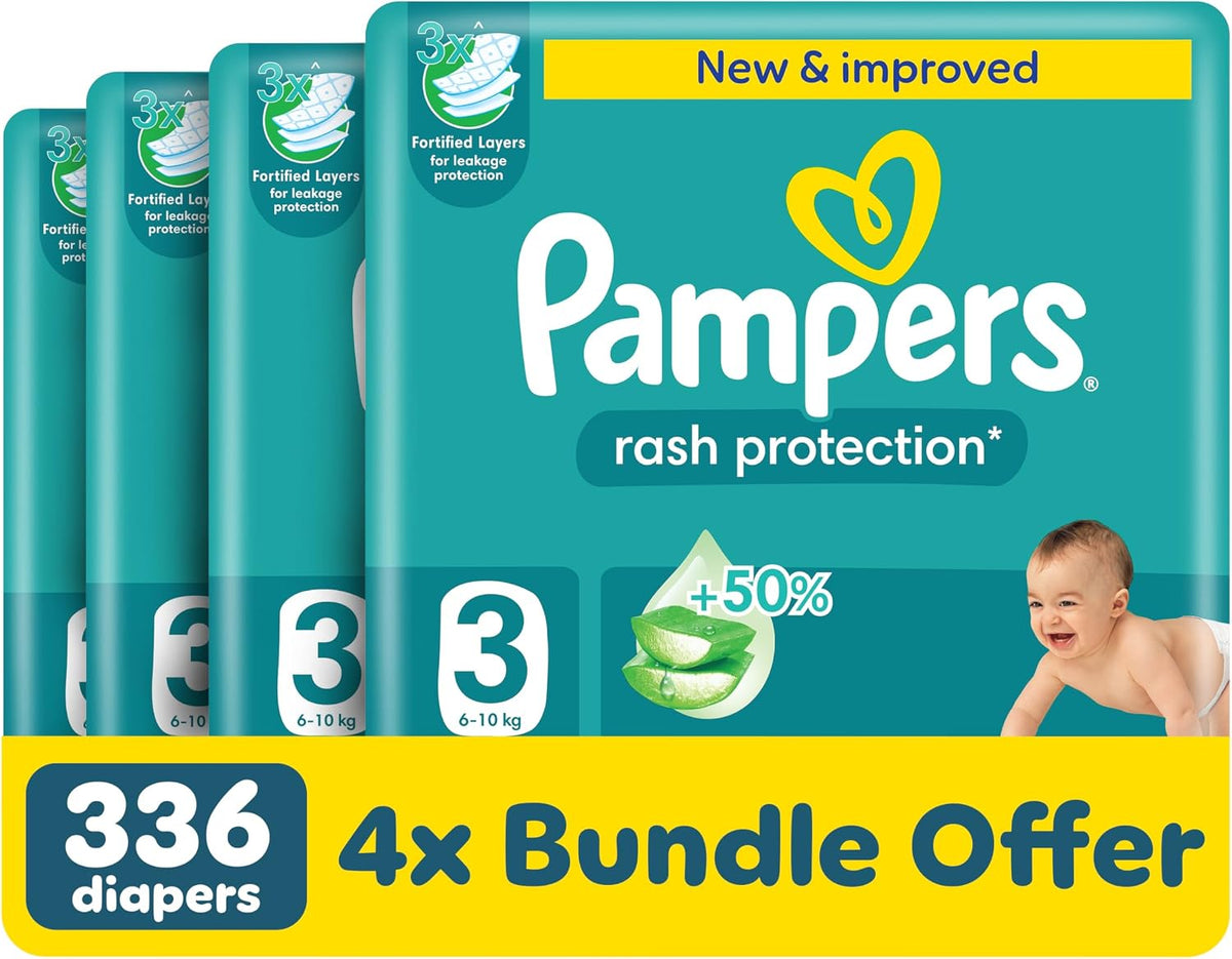 Pampers Rash Protection Taped Diapers, Size 3, 6-10kg, +50% Aloe Vera Lotion for Rash Protection, 3x Fortified Layers for Leakage Protection, Giant Pack, 336 Count