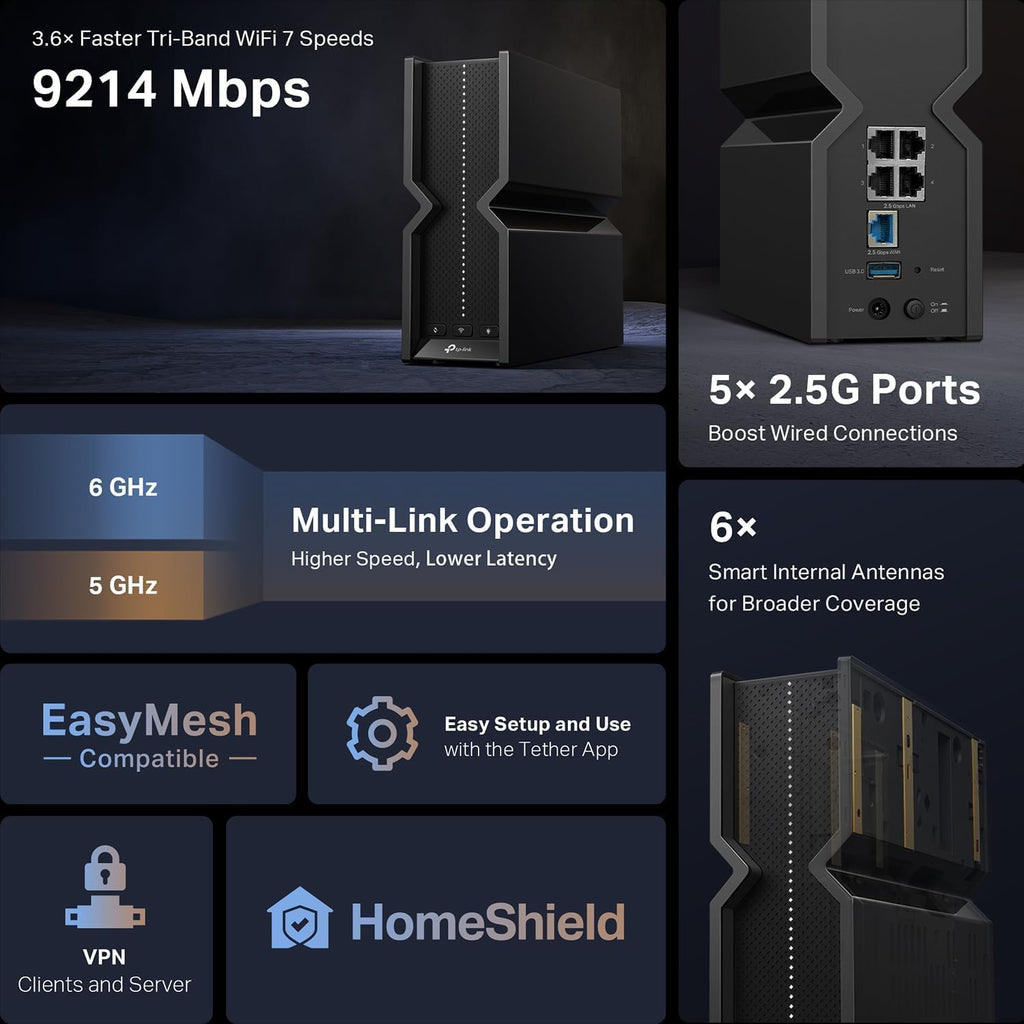 TP-Link Tri-Band BE9300 WiFi 7 Router Archer BE550 | 6-Stream 9.2Gbps | 𝗙𝘂𝗹𝗹 𝟮.𝟱𝗚 Ports | USB 3.0 | 6 Smart Internal Antennas | VPN Clients & Server | Easy Mesh, HomeShield, Private IoT Network