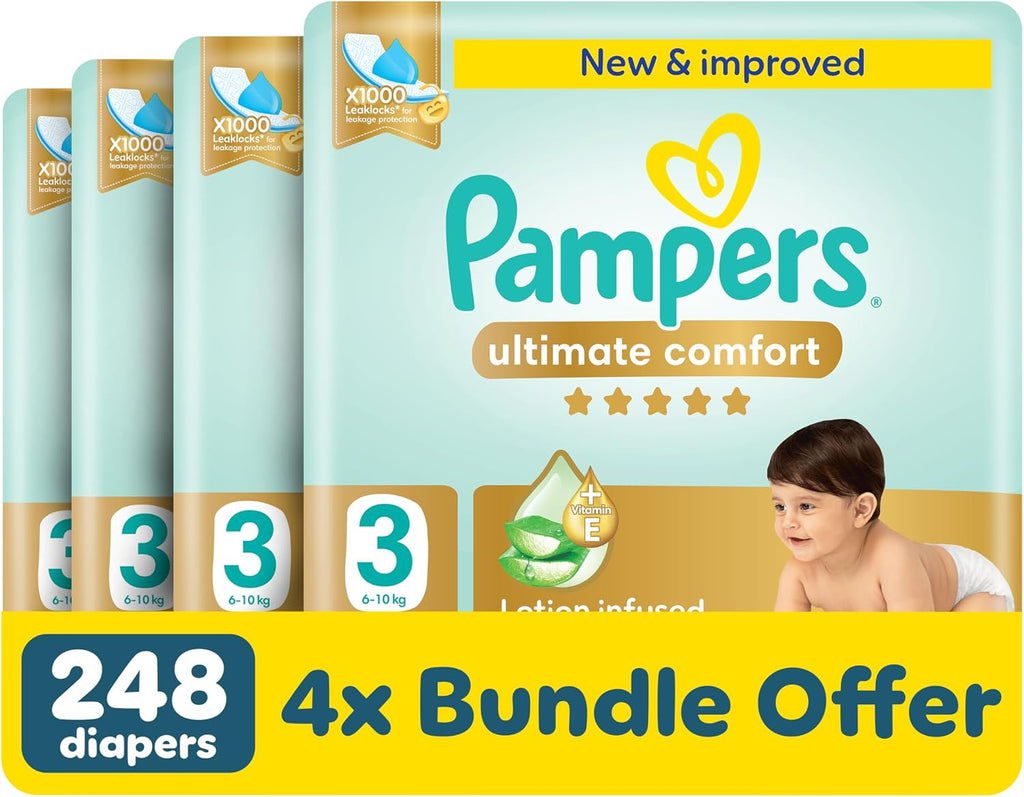Pampers Ultimate Comfort Taped Diapers, Size 3, 6-10kg, Lotion infused with Aloe Vera and Vitamin E, x1000 Leak Locks Technology for Leakage Protection, 248 Count