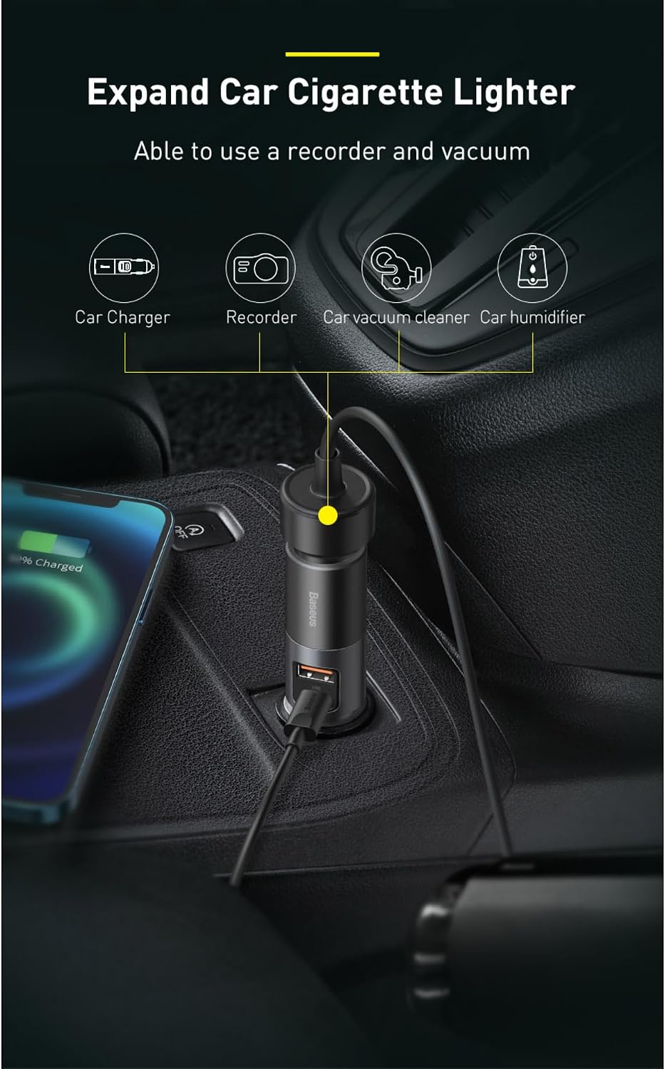 Baseus USB C Car Charger 120W Baseus Multi USB Fast Charging QC 3.0 & PD 3.0 30W+30W+60W 1 USB, 1 Type-C and Expansion Ports Cigrette Lighter for Smartphones/Tablets/Switch — Grey