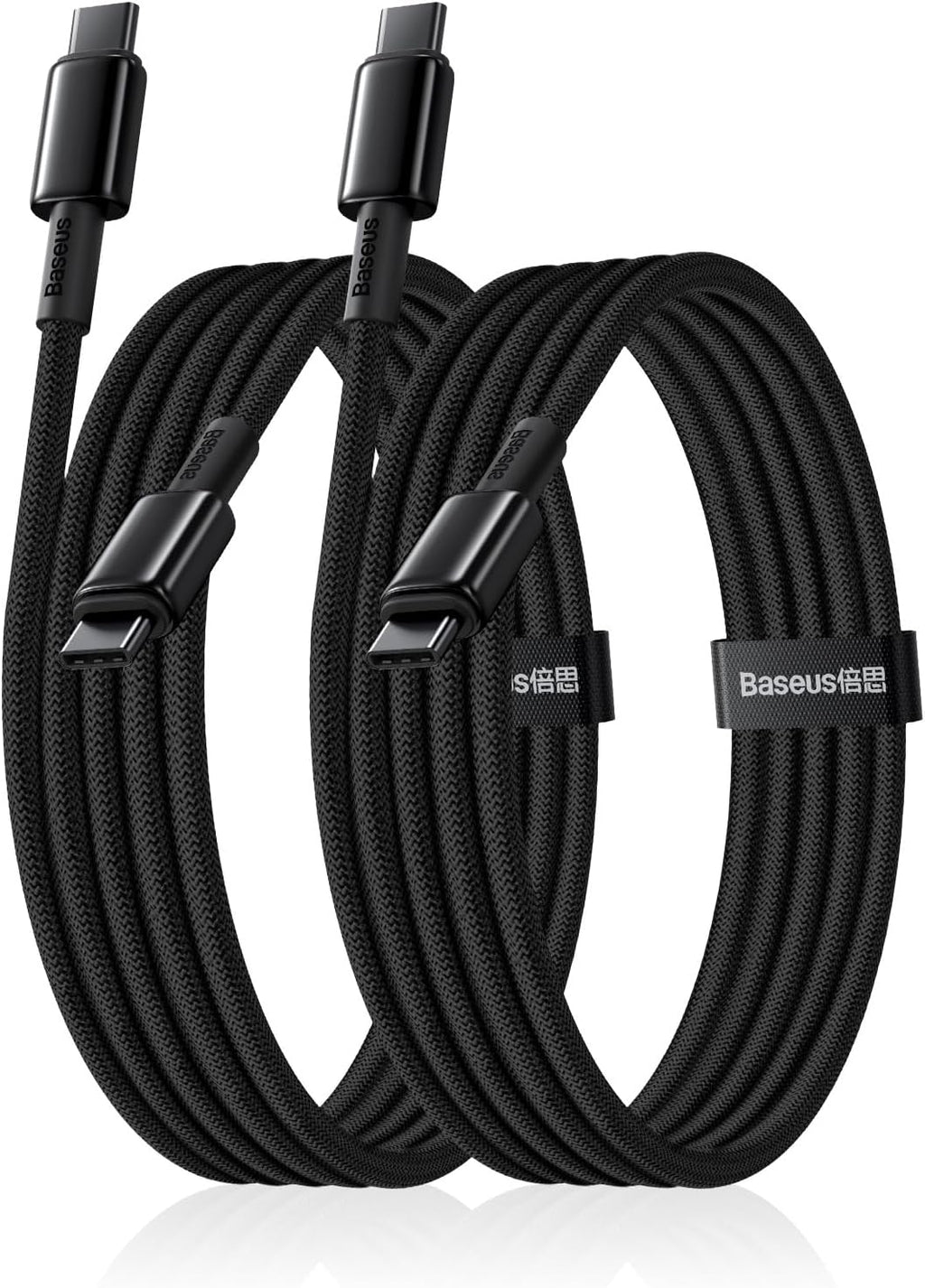 Baseus USB C Cable, 2-Pack 6.6ft 100W 5A Fast Charging USB C to USB C Cable, Zinc Alloy Nylon Braided USB Type C Charger Cable — 6.6FT+6.6FT — Black