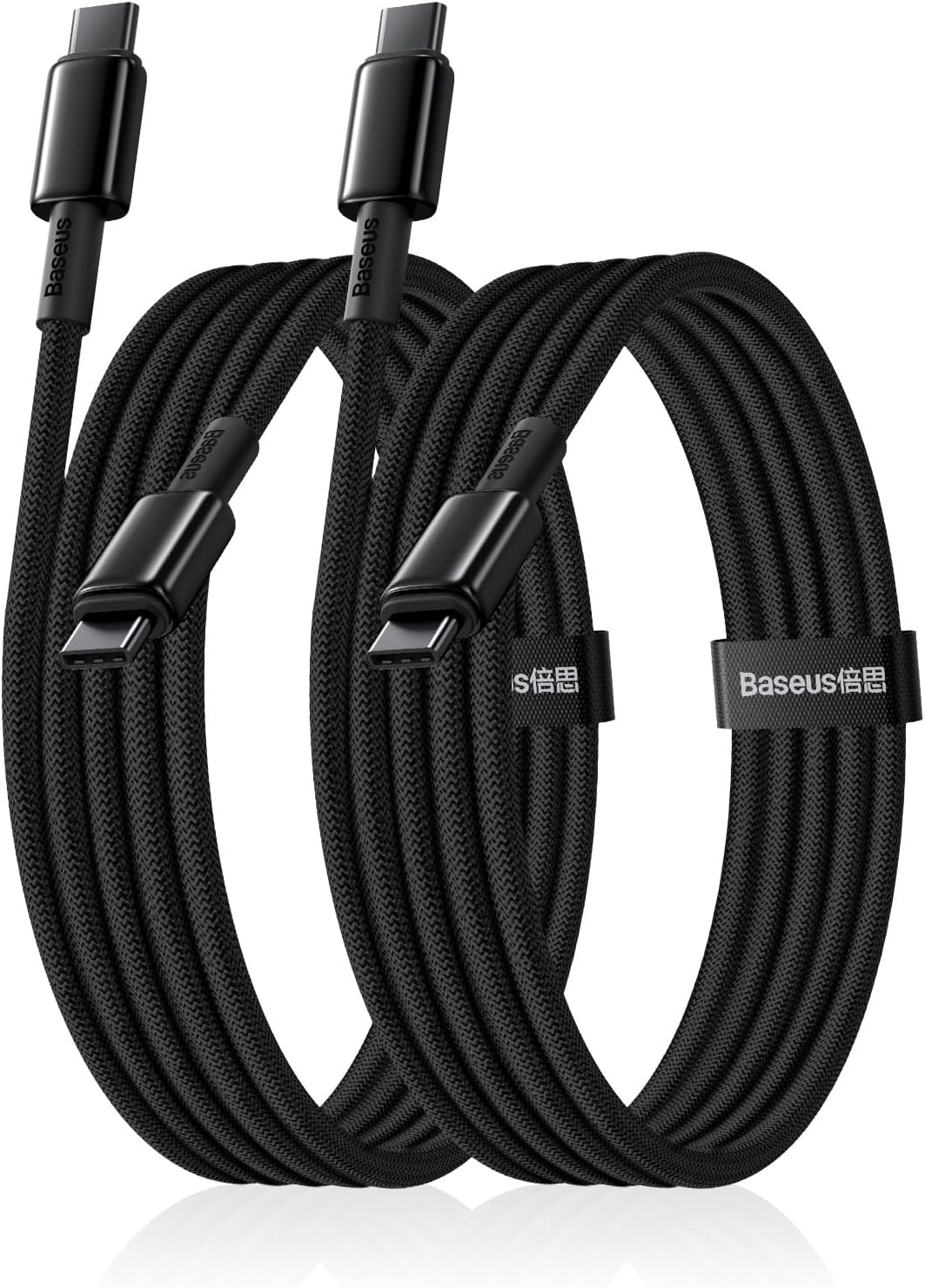 Baseus USB C Cable, 2-Pack 6.6ft 100W 5A Fast Charging USB C to USB C Cable, Zinc Alloy Nylon Braided USB Type C Charger Cable — 6.6FT+6.6FT — Black