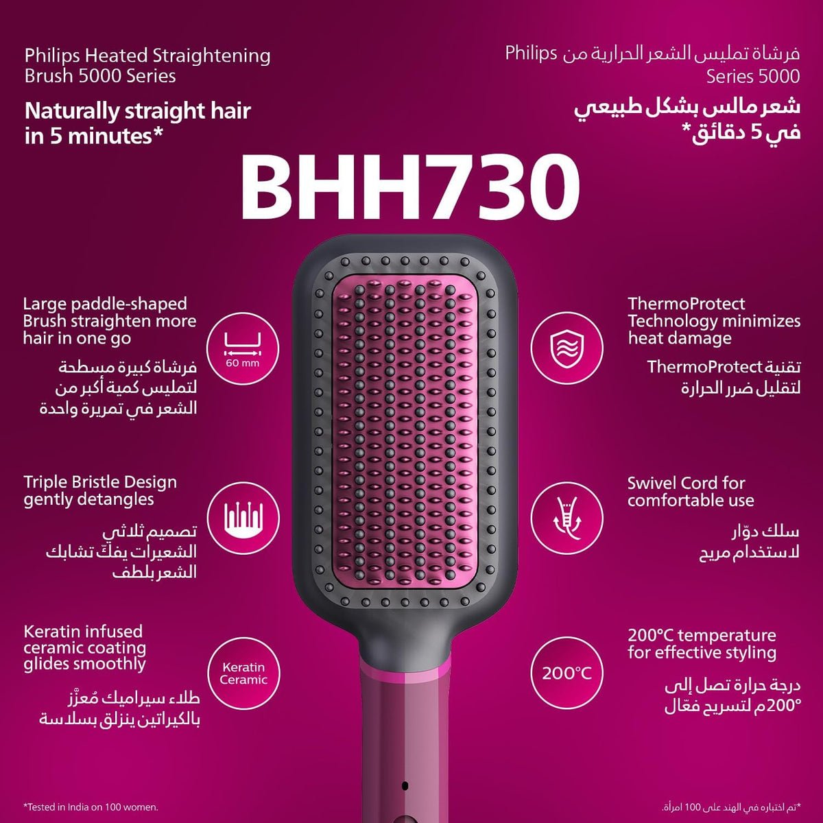Philips Heated straightening brush BHH730/03 — Naturally straight hair in 5 minutes — Keratin infused ceramic coating — 1 temperature mode — Triple bristle detangles and protect the scalp — Multicolored