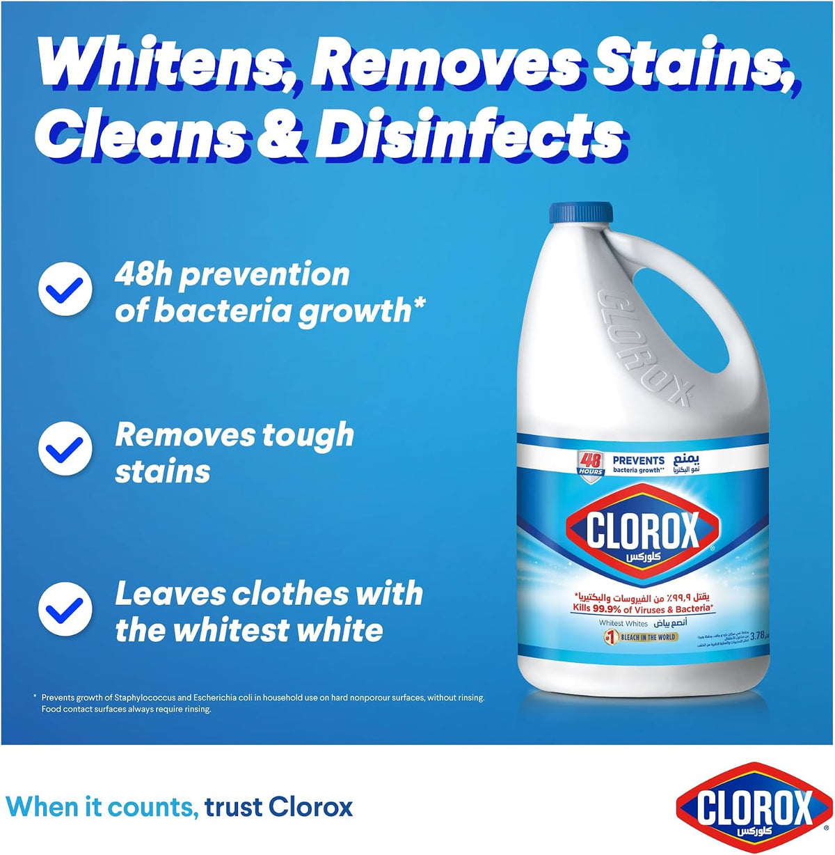 Clorox Liquid Bleach 3.78L, Kills 99.9% of Viruses and Bacteria, 48 Hours Prevents Bacteria Growth, Removes Stains — additional view 3