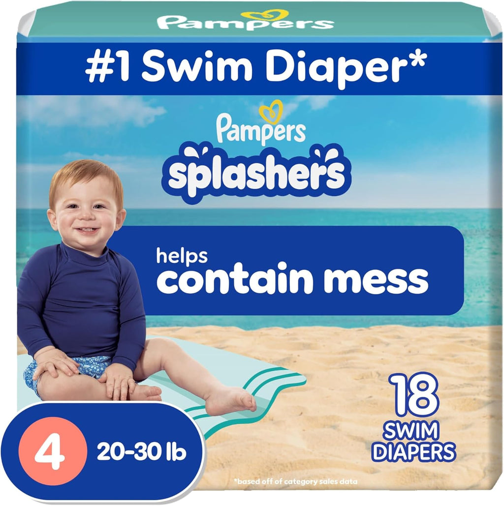 Pampers Splashers Swim Diapers - Size M, 18 Count, Gap-Free Disposable Baby Swim Pants
