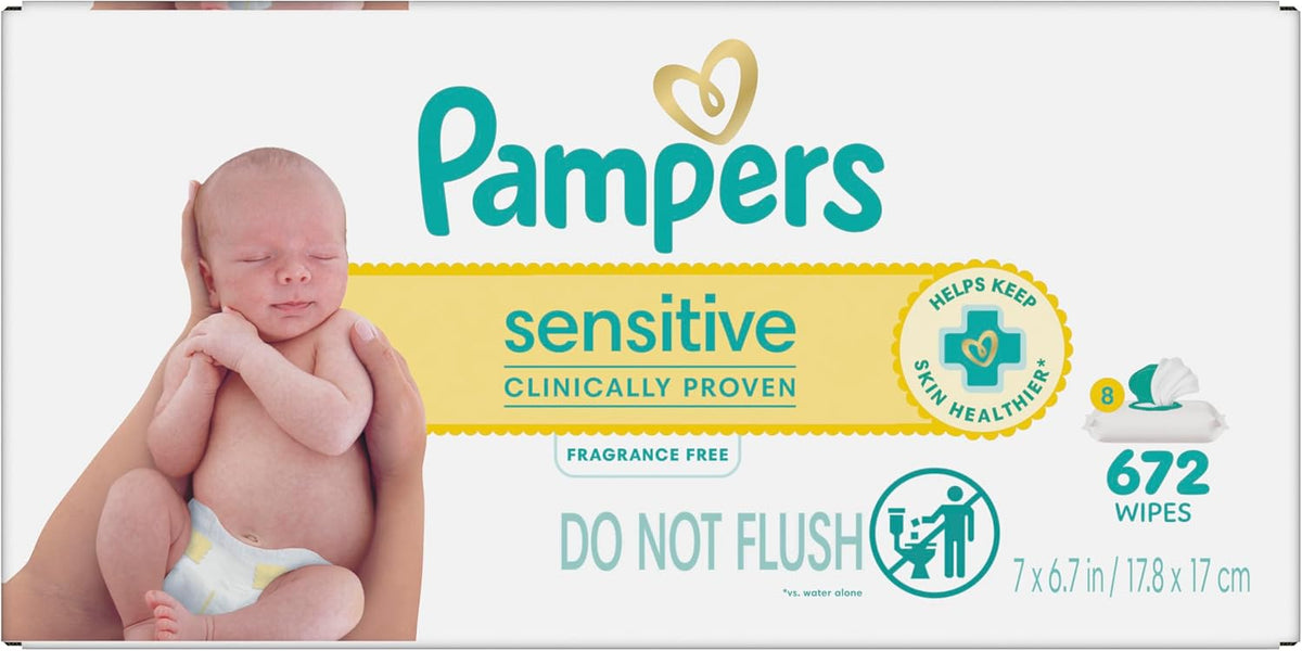 Pampers Sensitive Baby Wipes, Unscented, Fragrance Free, Clinically Proven, Water Based, Hypoallergenic, Multi-Use, Hand Wipes, 672 Wipes Total (12X Flip-Top Packs)