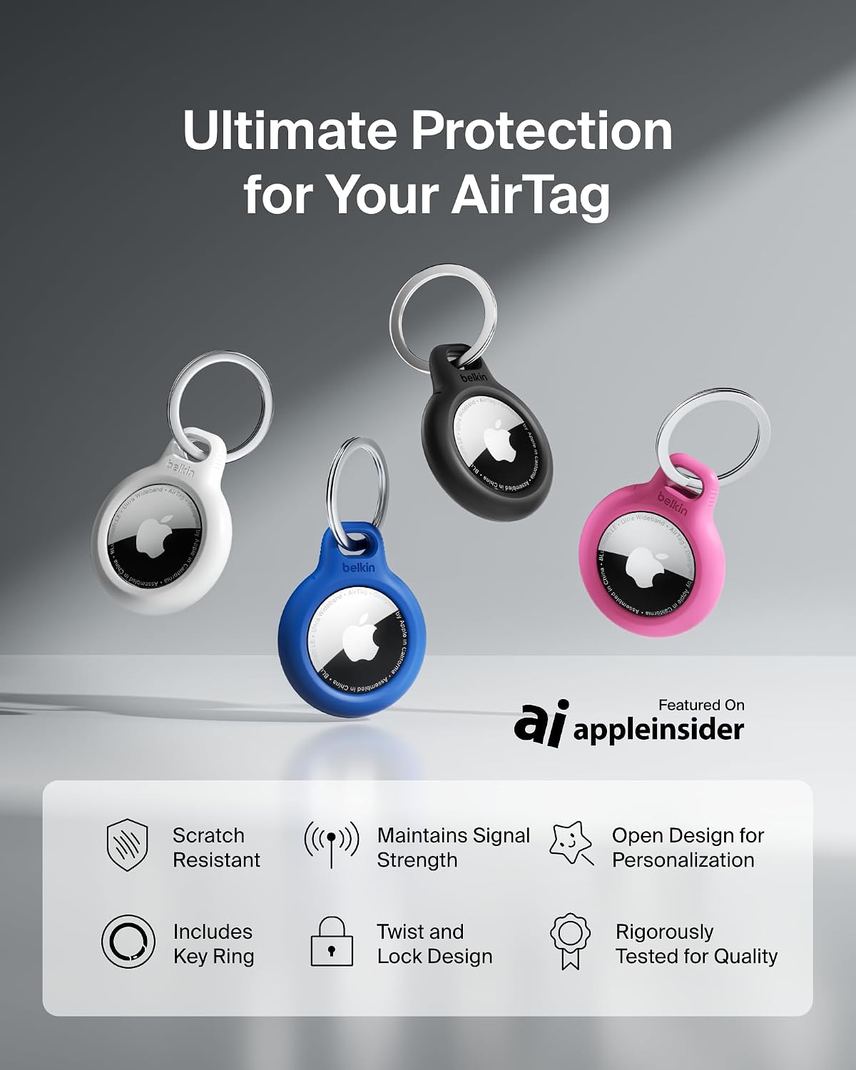 Belkin Airtag Case With Key Ring (Secure Holder Protective Cover For Air Tag Scratch Resistance Accessory) – Pink