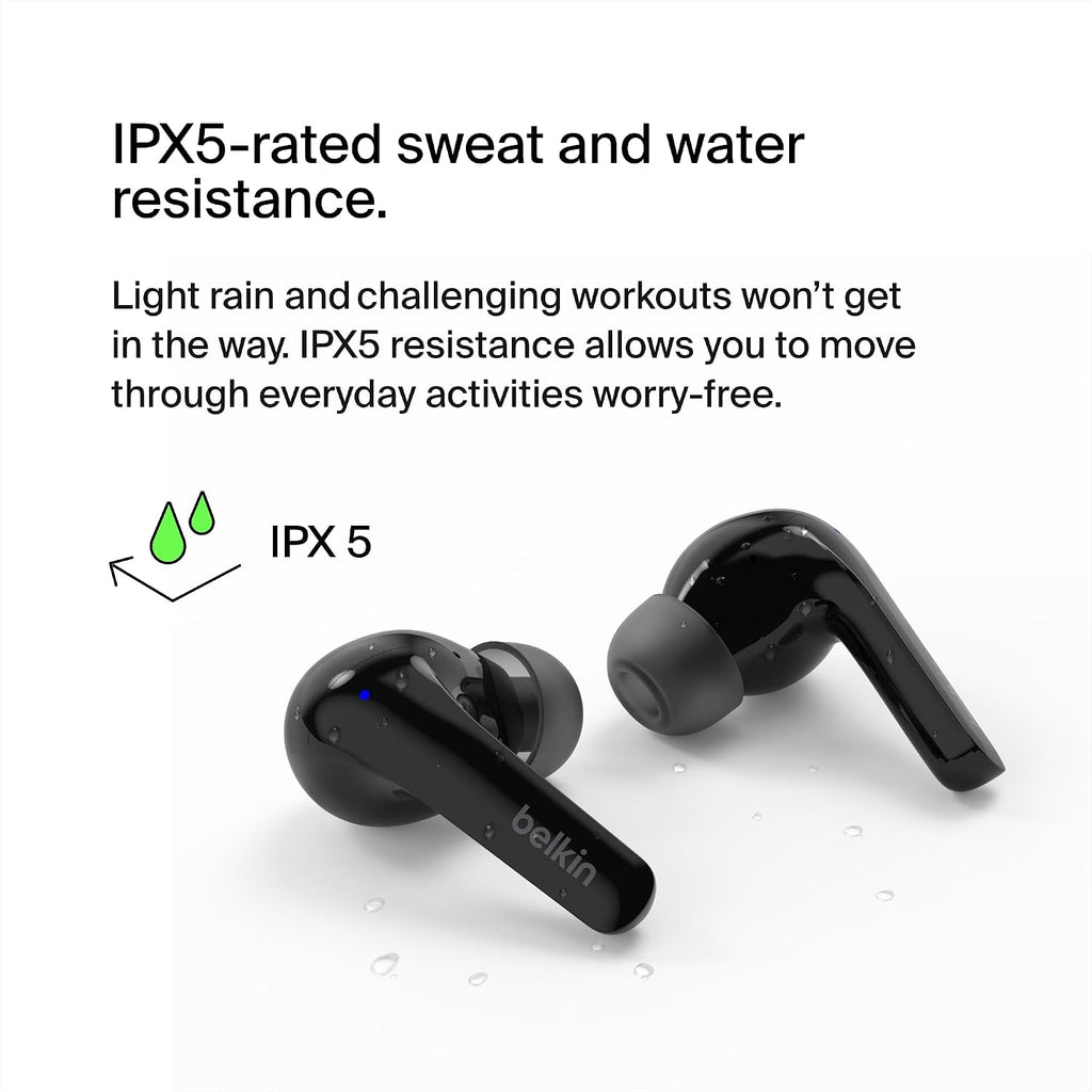 Belkin SoundForm™ Motion True Wireless Earbuds, Noise Cancelling Ear Buds with Wireless Charging Case & Dual Microphone - IPX5 Water Resistant Bluetooth Headphones for iPhone & Samsung - Black