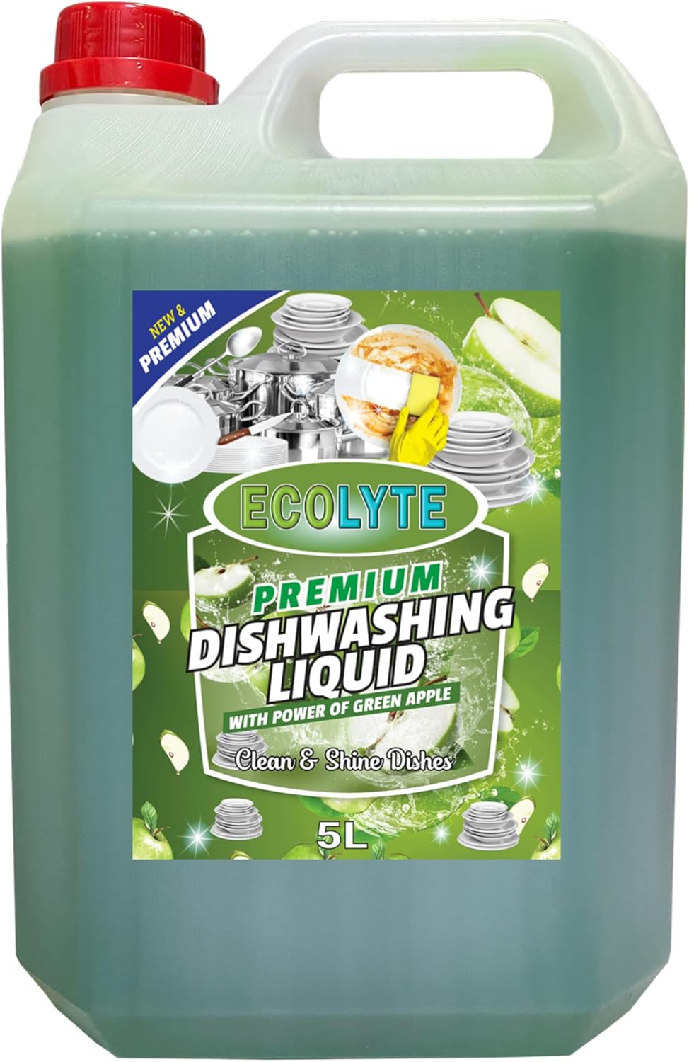 ECOLYTE+ Dishwashing Liquid Soap, Platinum Antibacterial Detergent & Perfect Shine, All Purpose Cleaner, Leaves No Residue, Kitchen Cleaner, Removes Grease & Oil - (Green Apple, 5 Liter) — front product image