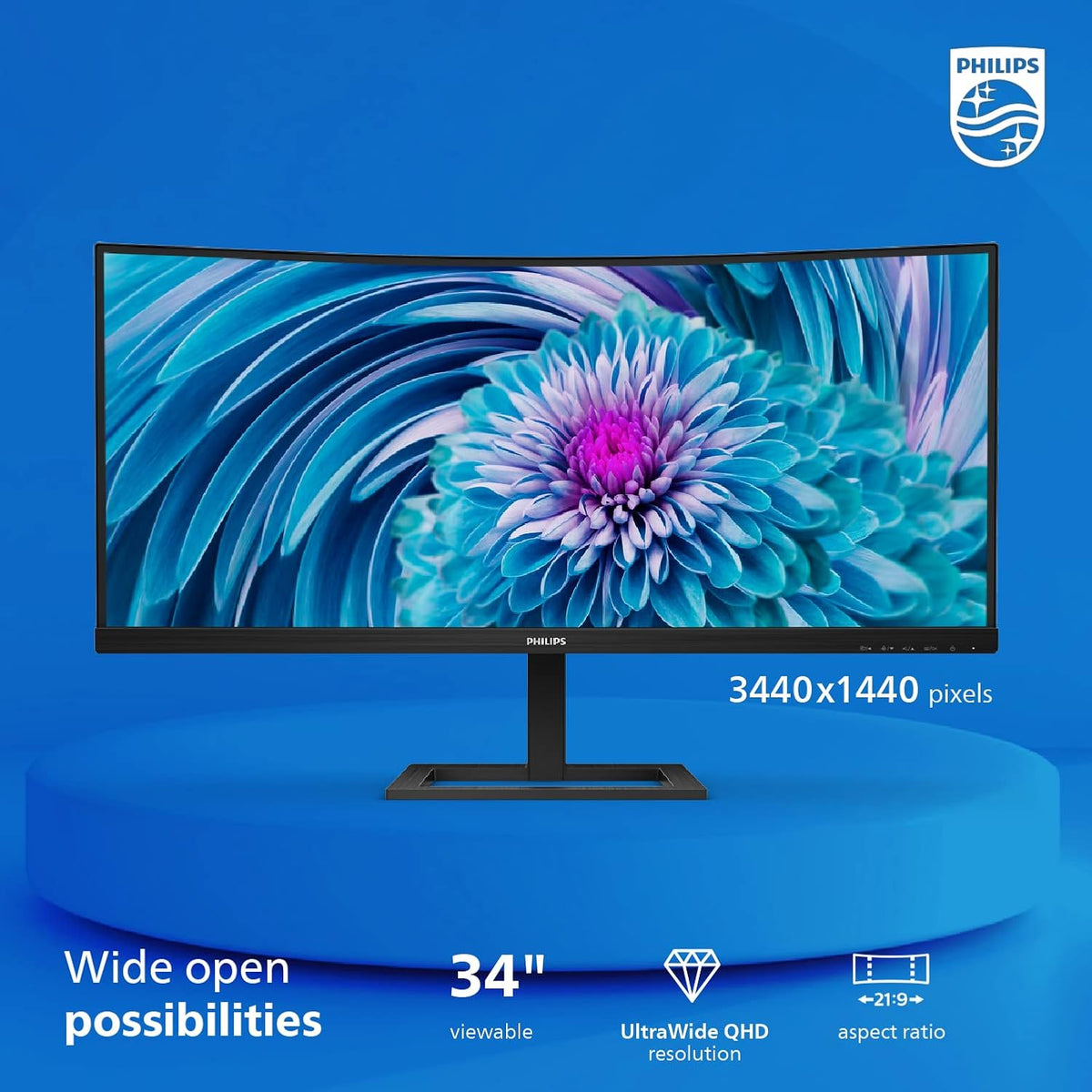 Philips 346E2CUAE 34" Curved Frameless, UltraWide QHD 3440x1440,100Hz, 121% sRGB, 1ms MPRT, USB-C Charging, MultiView PIP/PBP, Height Adjustable, 4Yr Advance Replacement, Black — Black