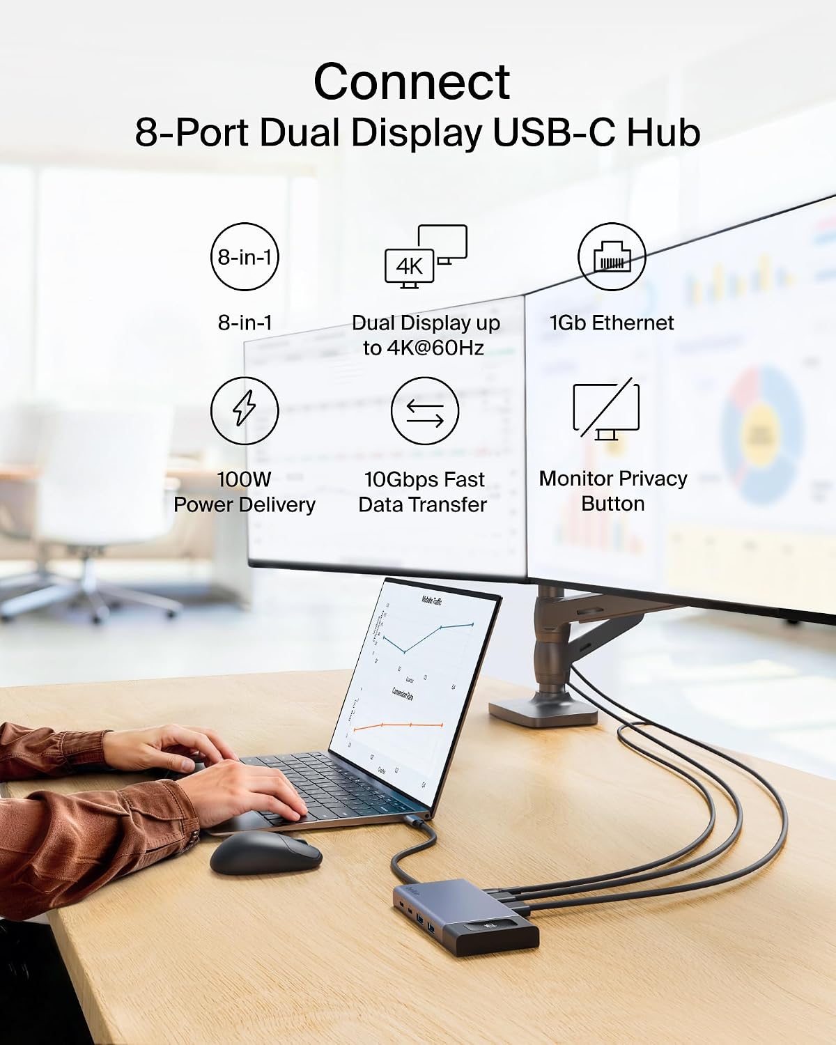 Belkin USB C Hub, 8-in-1 Multi-Port Docking Station 100W - Dual Display Support for Mac, Windows and Chromebook w/ 10Gbps Data Transfer Speeds, Ethernet, Resolutions up to 4K@60Hz