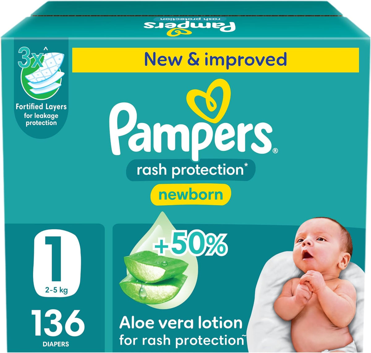 Pampers Rash Protection Taped Diapers, Size 1, 2-5kg, +50% Aloe Vera Lotion for Rash Protection, 3x Fortified Layers for Leakage Protection, Jumbo Box, 136 Count