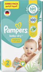 Pampers Baby-Dry Newborn Taped Diapers with Aloe Vera Lotion, up to 100% Leakage Protection, Size 2, 3-8kg, Jumbo Pack, 64 Count