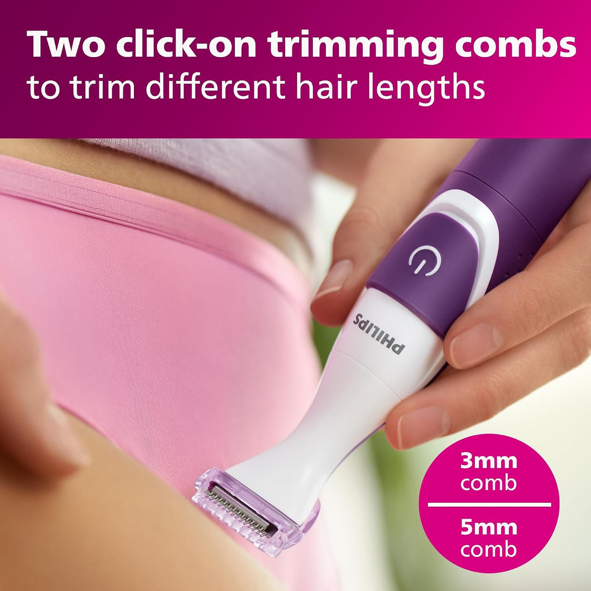 Philips Beauty Bikini Genie Cordless Trimmer for Bikini Line Hair Removal, with Shaving Head and Comb, BRT383/50 — Purple and White