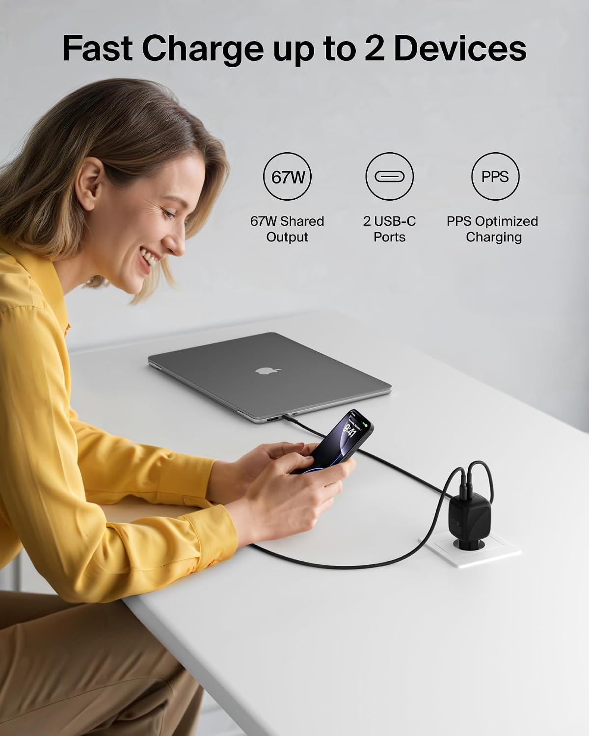 Belkin 2-Port USB C Plug 67W, Dual-Port GaN Charger with 2x USB C Ports, Fast Charging for MacBook, iPhone 17, iPad Pro, Chromebook, Galaxy S25 Ultra, Pixel 10, etc. - Travel Essentials - Black