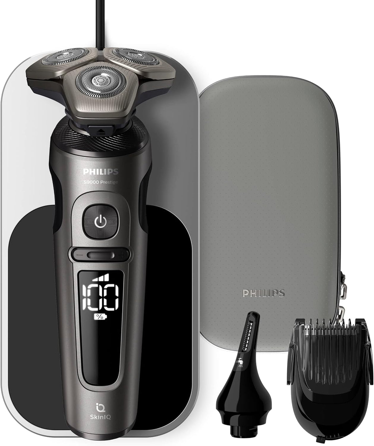 Philips Shaver Series 9000 Prestige, Wet and Dry Electric Shaver, Bright Chrome, Lift & Cut Shaving System, SkinIQ Technology, Qi Charging Pad, Beard Styler, Nose Trimmer, Model SP9871/22 — Bright Chrome Brushed