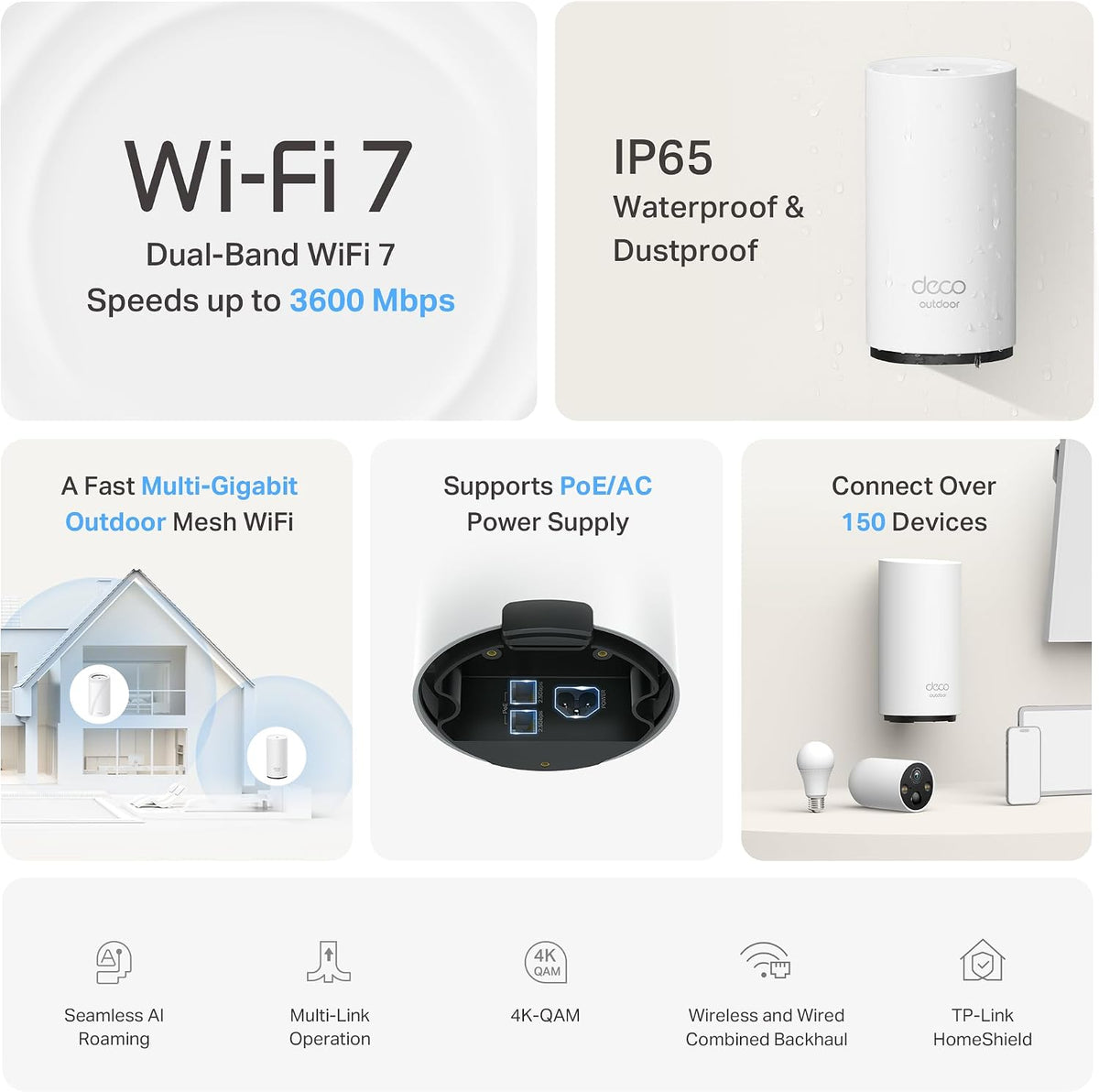 TP-Link Wi-Fi 7 Deco BE25-Outdoor Mesh WiFi BE3600Mbps, External Access Point, Dual-Band, 2 Ports 2.5Gbps, IP65, 4 Internal Antennas, Dust/Water Resistance, Pole/Wall, Alim. PoE/AC, Alexa, 1 Piece