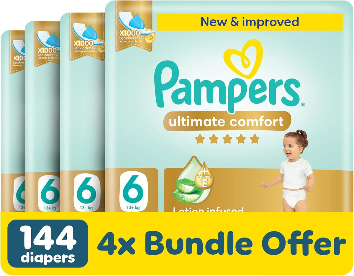 Pampers Ultimate Comfort Taped Diapers, Size 6, 13+kg, Lotion infused with Aloe Vera and Vitamin E, x1000 Leak Locks Technology for Leakage Protection, 144 Count