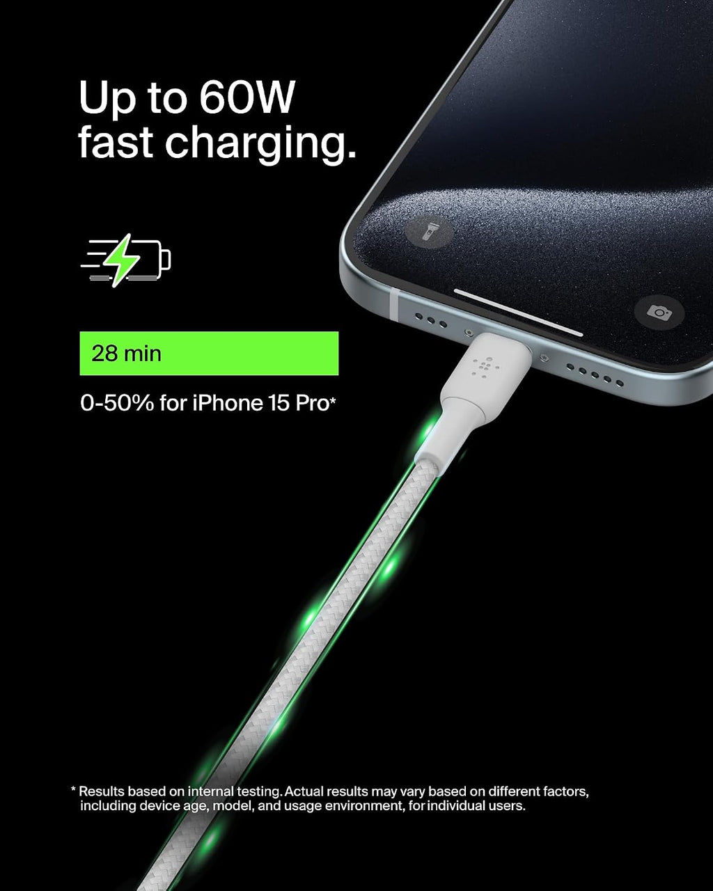 Belkin Fast Charge (0.5ft) Braided USB-C to USB-C Cable for iPhone 16, iPhone 16 Pro, iPhone 16 Pro Max, iPhone 16 Plus, iPhone 15, Galaxy S24, S23, Note10, Pixel 9, Pixel 8, iPad Pro & More - White