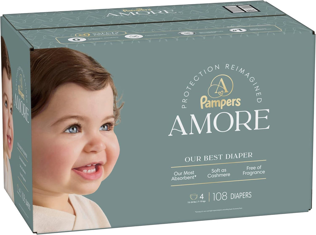 Pampers Amore, Size 4 (15-34 lbs), 108 Count, Our Best Diaper – Hypoallergenic & Fragrance Free, Up to 100% Leakproof, Soft as Cashmere