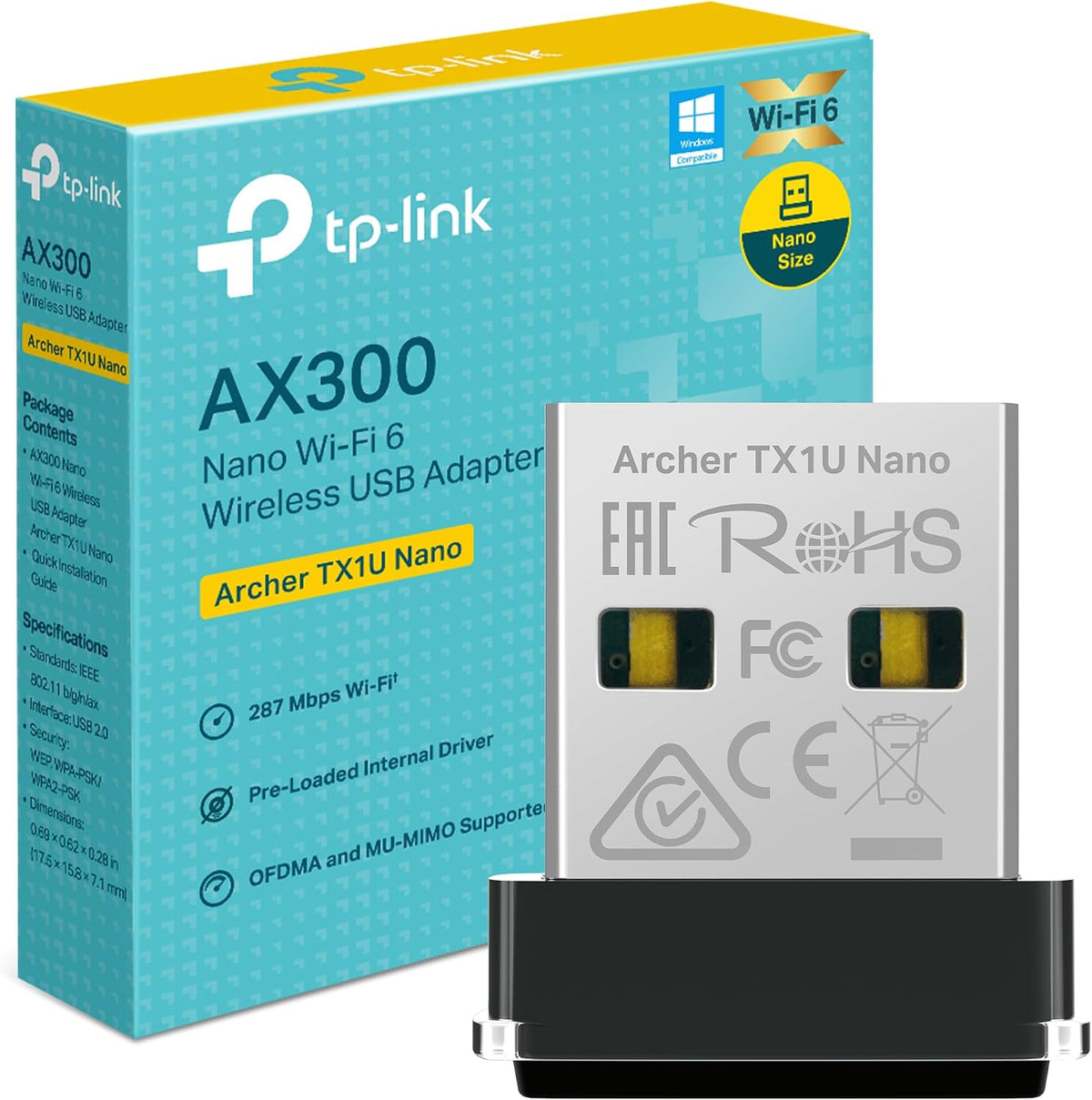TP-Link Archer TX1U Nano Wi-Fi Adapter for PC, Wi-Fi 6 AX300 WiFi Stick, Plug & Play, Nano Size, MU-MIMO, Access Point Mode, Compatible with Windows and Linux (Kernel 3.10 and above)