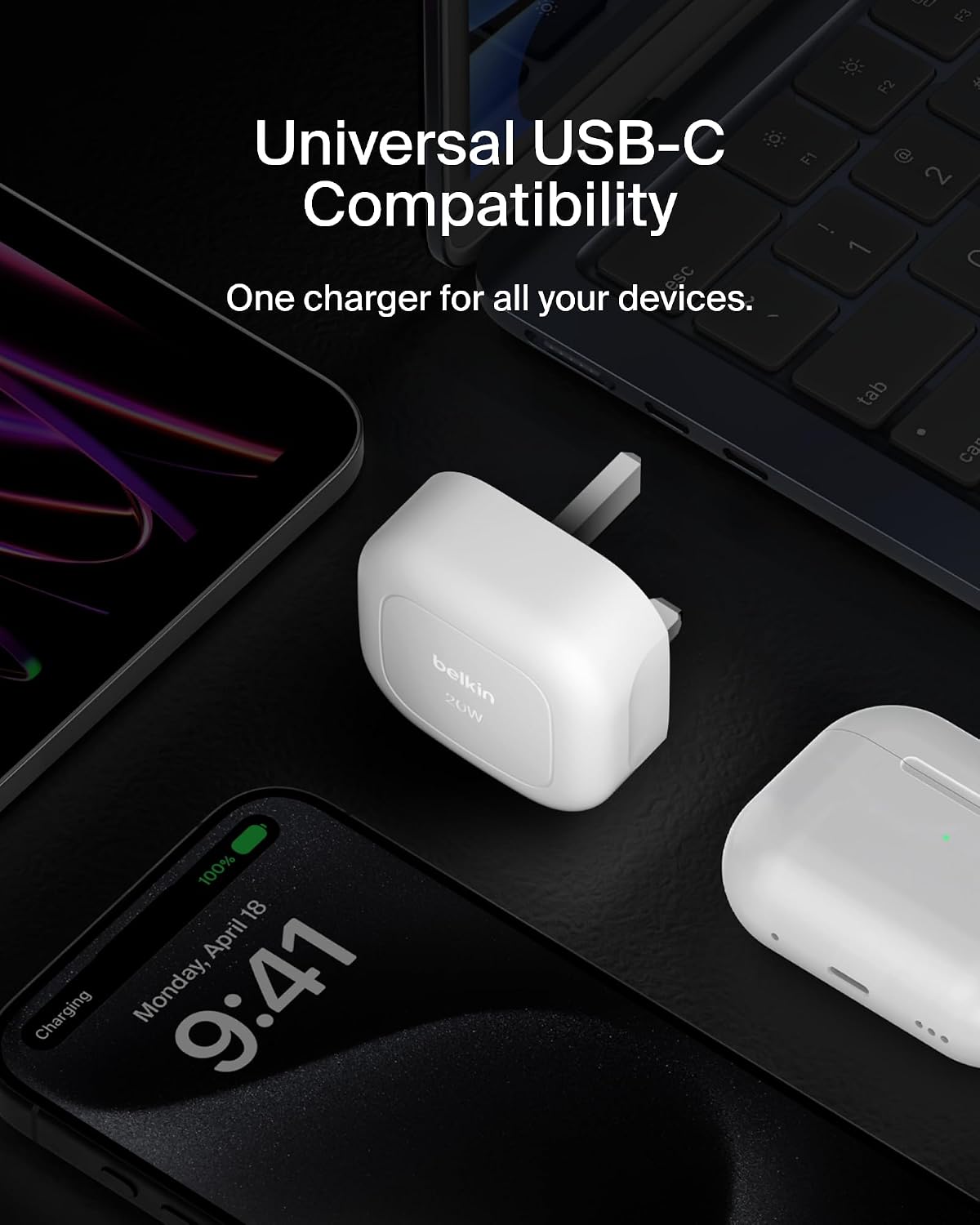 Belkin BoostCharge 20W Cubic Wall Charger, USB-C Power Delivery Fast Charging for Apple iPhone 17, Air, 16, Samsung Galaxy S25, Pixel 10, Nintendo Switch with USB-C to USB-C Cable included - White