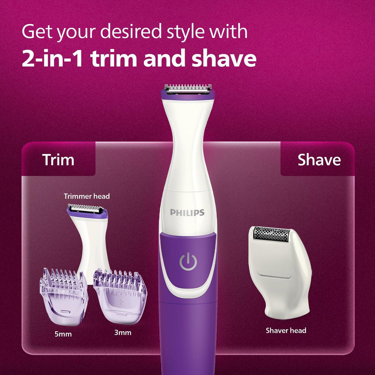 Philips Essential Bikini Trimmer. Trim. Shave & Style. Mini Shaving Head Included. Portable. Battery, Brt38315., Whitepurple — Purple/White