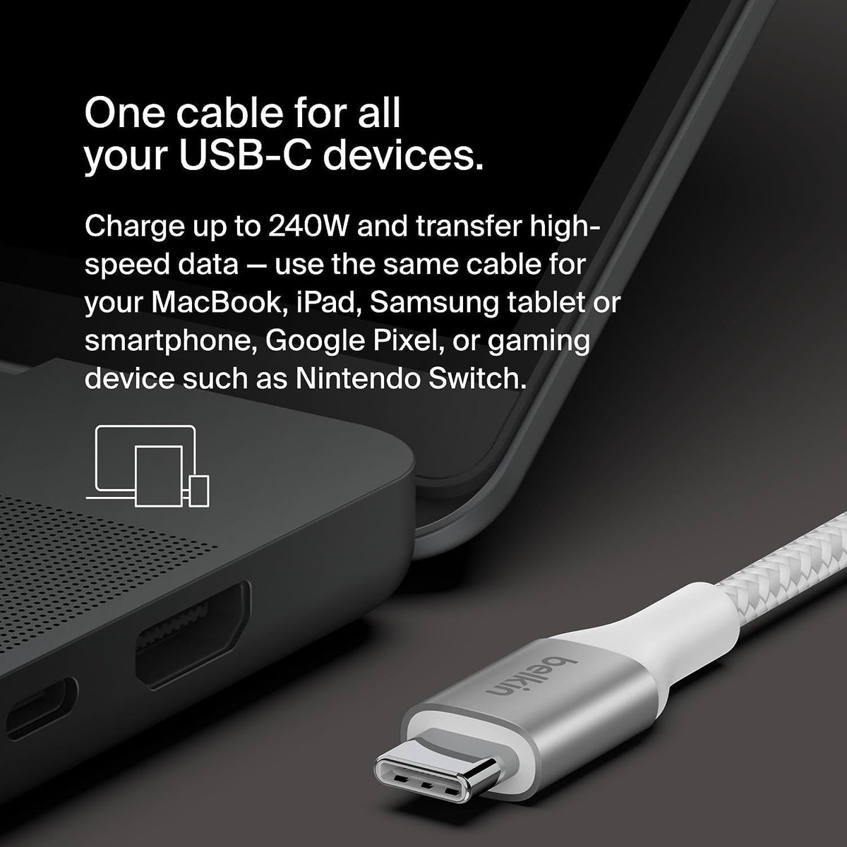 Belkin BoostCharge USB-C to USB-C Power charger cable, USB-IF certified fast charging cable with 240W Power Delivery for iPhone 16, 15, MacBook, Chromebook, Galaxy, iPad, Pixel & More - 2m, white