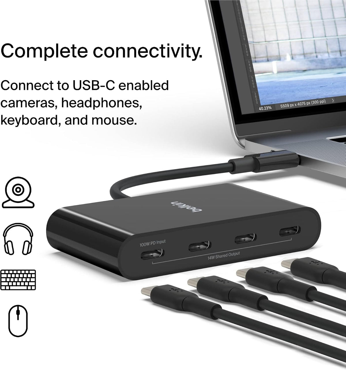 Belkin CONNECT USB-C™ to 4-Port USB-C Hub, Multiport Adapter Dongle with 4 USB-C 3.2 Gen2 Ports & 100W PD with Max 10Gbps High Speed Data Transfer for MacBook, iPad, Chromebook, PC, and More