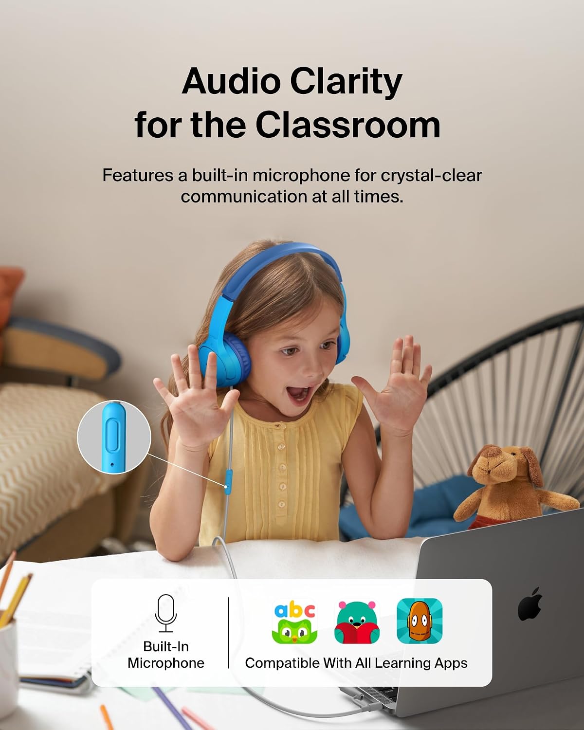 Belkin SoundForm Mini Kids Wired Headphones with USB-C to 3.5mm Dongle, Built-in Mic & Fun Stickers, 85dB Max Volume – for Online Learning, Travel, Compatible with iPhone, iPad, Galaxy, etc - Blue