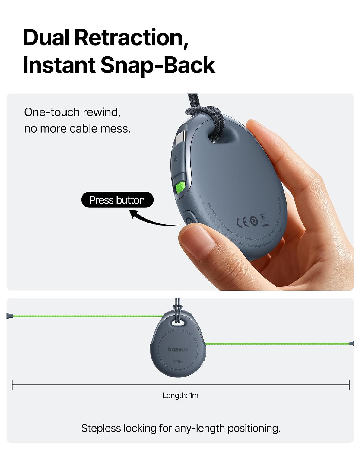 Baseus One-Press Retractable Magnetic USB-C to USB-C Cable 240W — Grey
