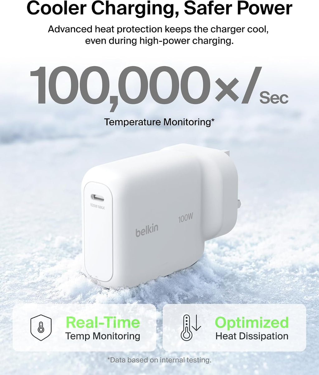Belkin BoostCharge USB C Plug Charger 100W, GaN Compact and Foldable Plug Charger, Fast Charging for iPhone 17, Samsung Galaxy S26, Pixel 10, AirPods, Tablet, MacBook, Chromebook - White