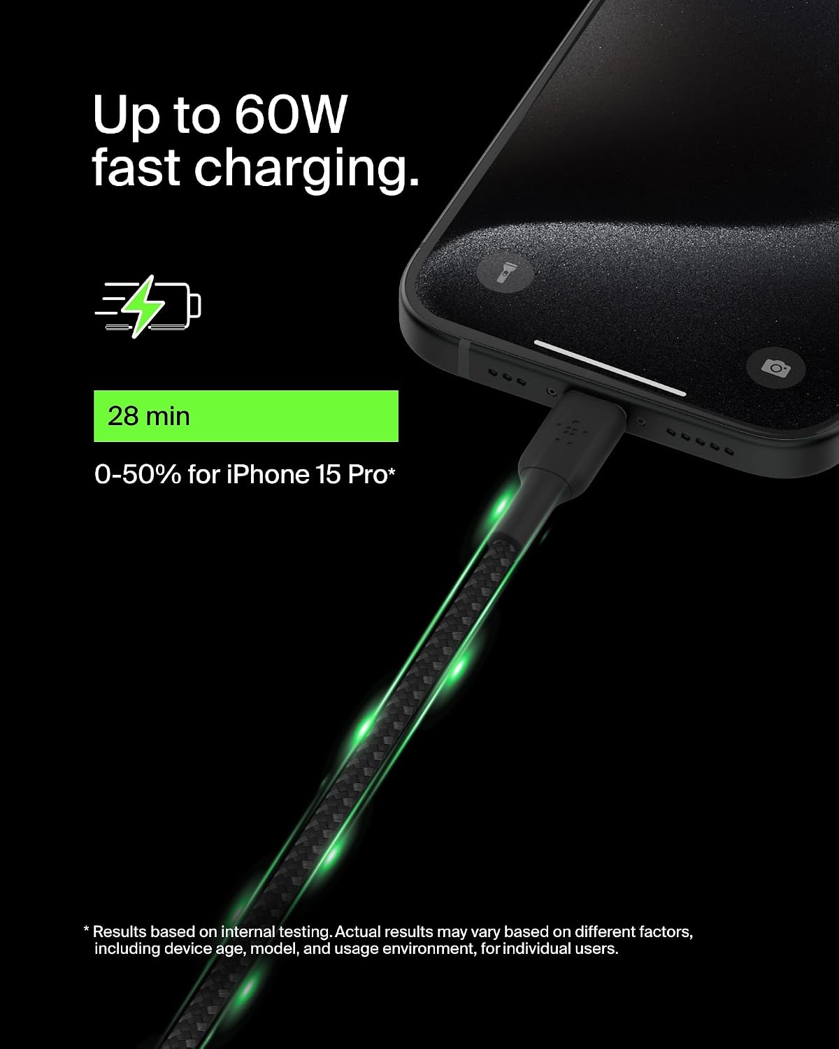 Belkin Fast Charge (0.5ft) Braided USB-C to USB-C Cable for iPhone 16, iPhone 16 Pro, iPhone 16 Pro Max, iPhone 16 Plus, iPhone 15, Galaxy S24, S23, Note10, Pixel 9, Pixel 8, iPad Pro & More - Black