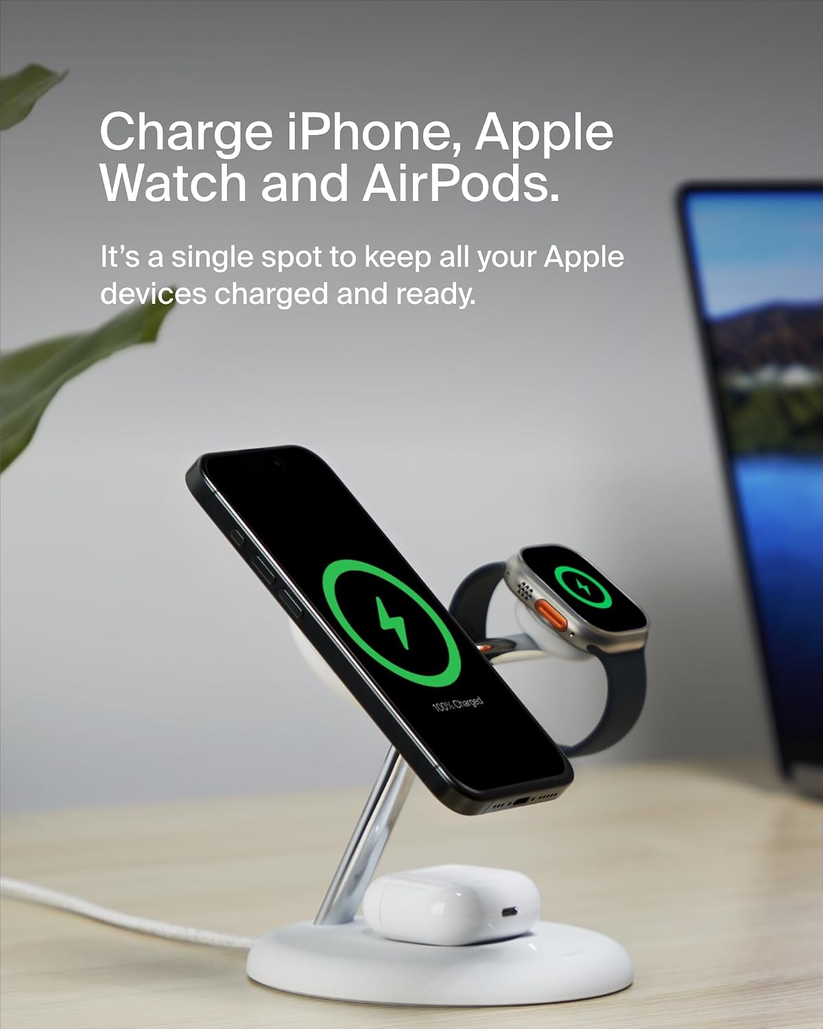 Belkin 3 in 1 Wireless Charging Stand 15W with MagSafe Compatible Qi2 Technology, Fast Charger for iPhone 16, 15, 14, AirPods, Apple Watch (Power Supply Included) - White