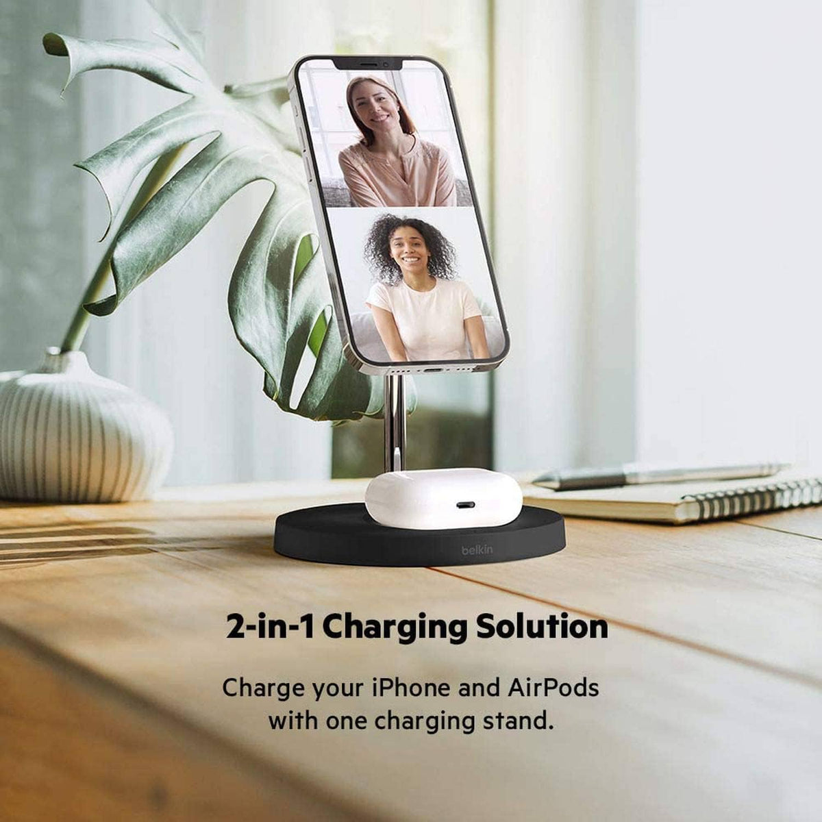 Belkin 2 in 1 Wireless Charger with MagSafe, 15W Fast Charging iPhone Charger Stand for iPhone 13 Series, Airpods and Other MagSafe Enabled Devices with Included Power Adapter Black, WIZ010myBK