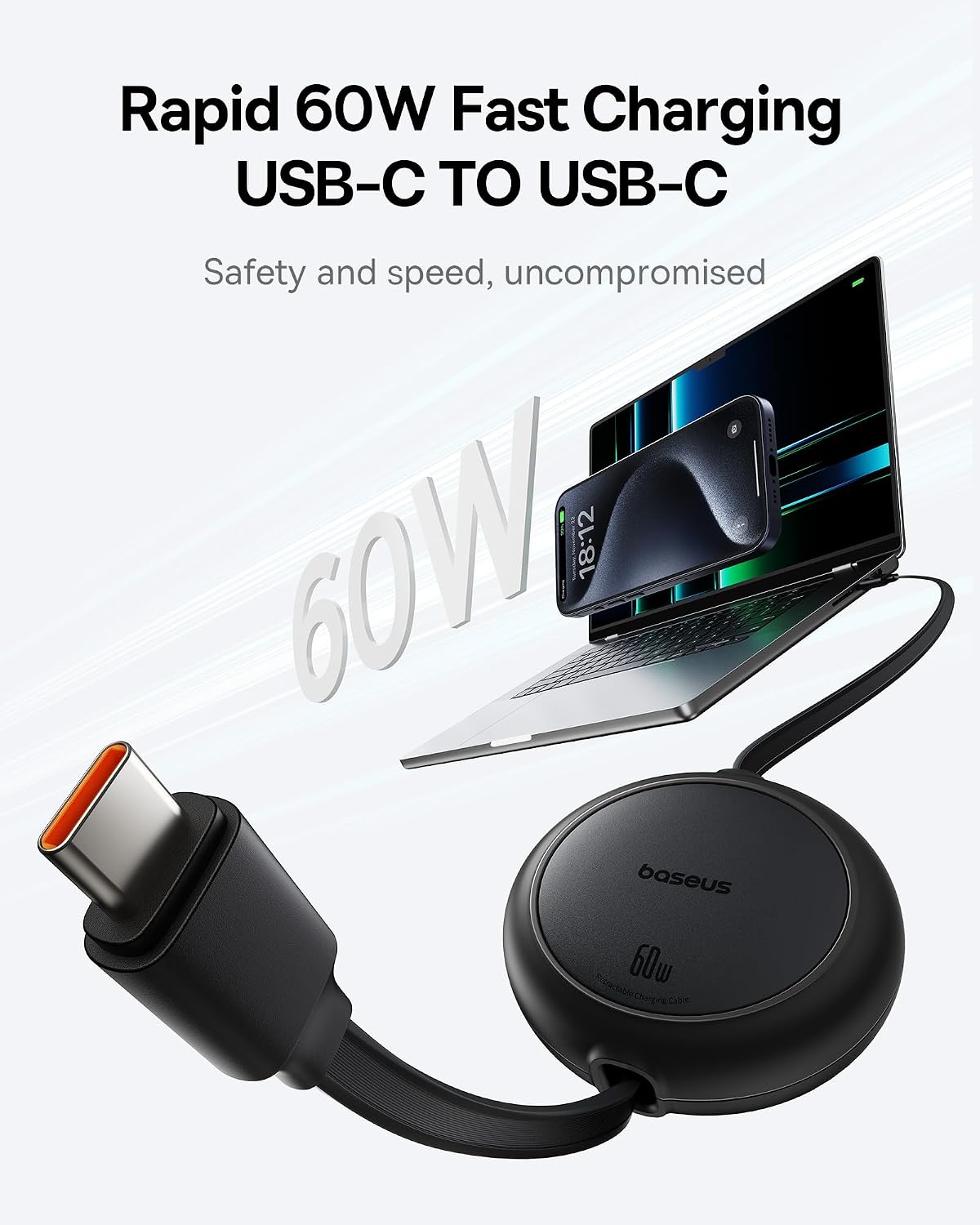 Baseus Free2Pull Mini Retractable USB-C to USB-C Cable 60W — 1m — Black