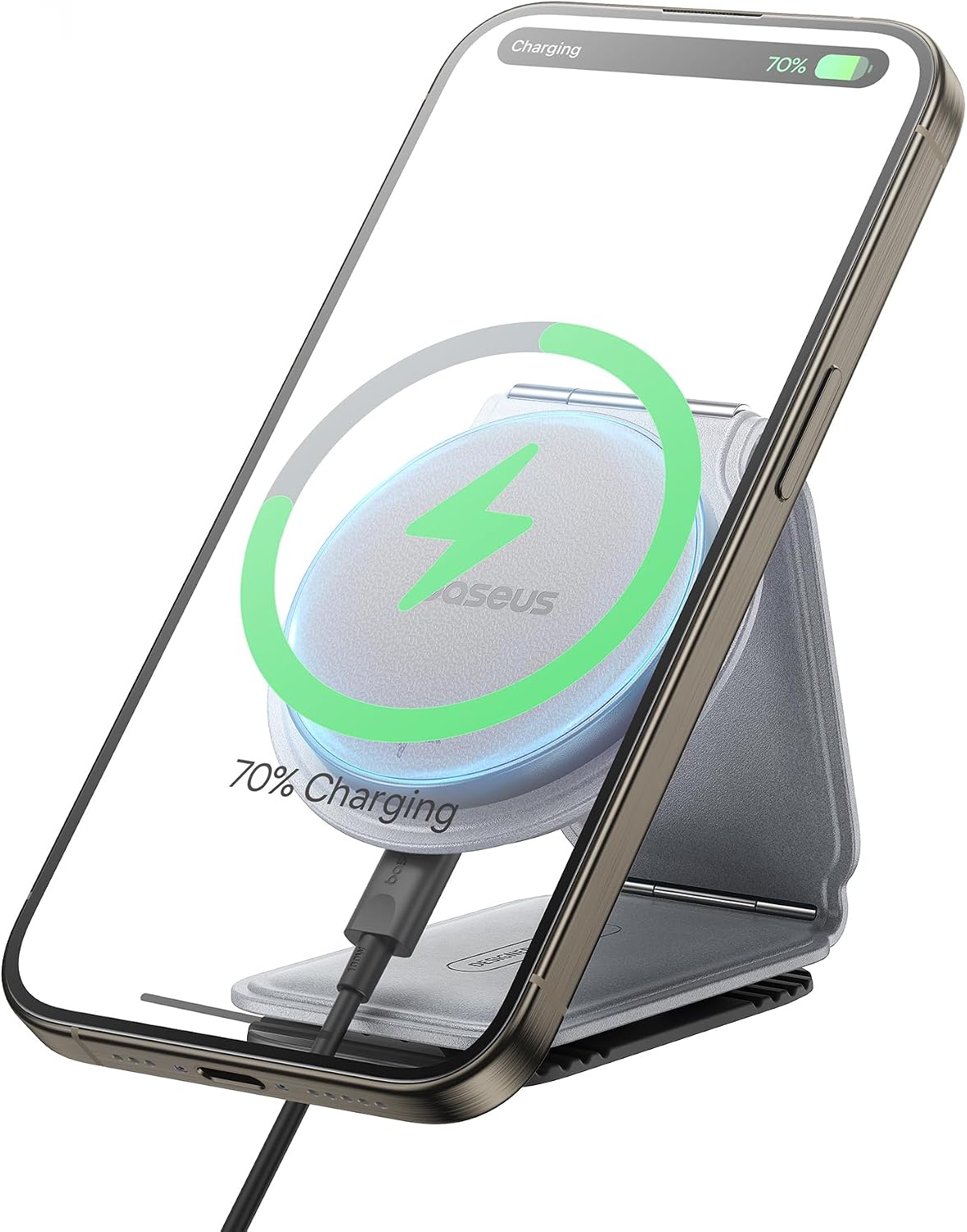 Baseus C02 Mega Qi2 Certified 15W MagSafe Car Charger Mount, Foldable Magnetic Phone Holder for Dashboard, 360° Rotatable Base — Frosted Grey