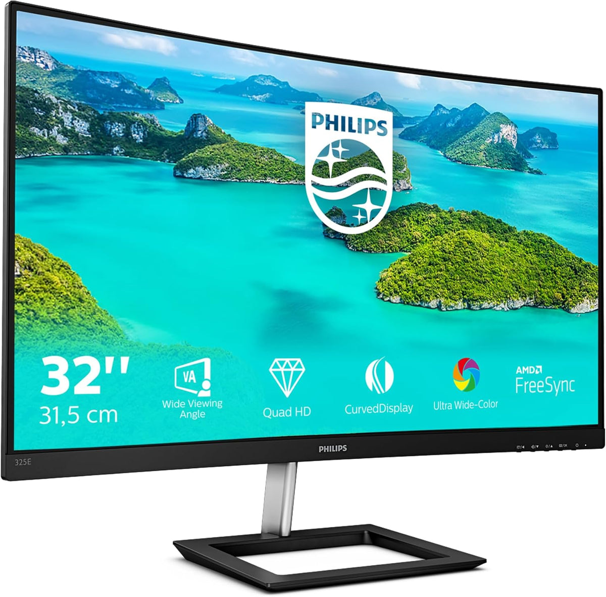 Philips 325E1C- 32 inch QHD Curved Monitor, 75Hz, 4ms, VA, AMD FreeSync, Flicker Free, Smart Image (2560 x 1440, 250 cd/m², HDMI 1.4/VGA/.DP 1.2) — Black