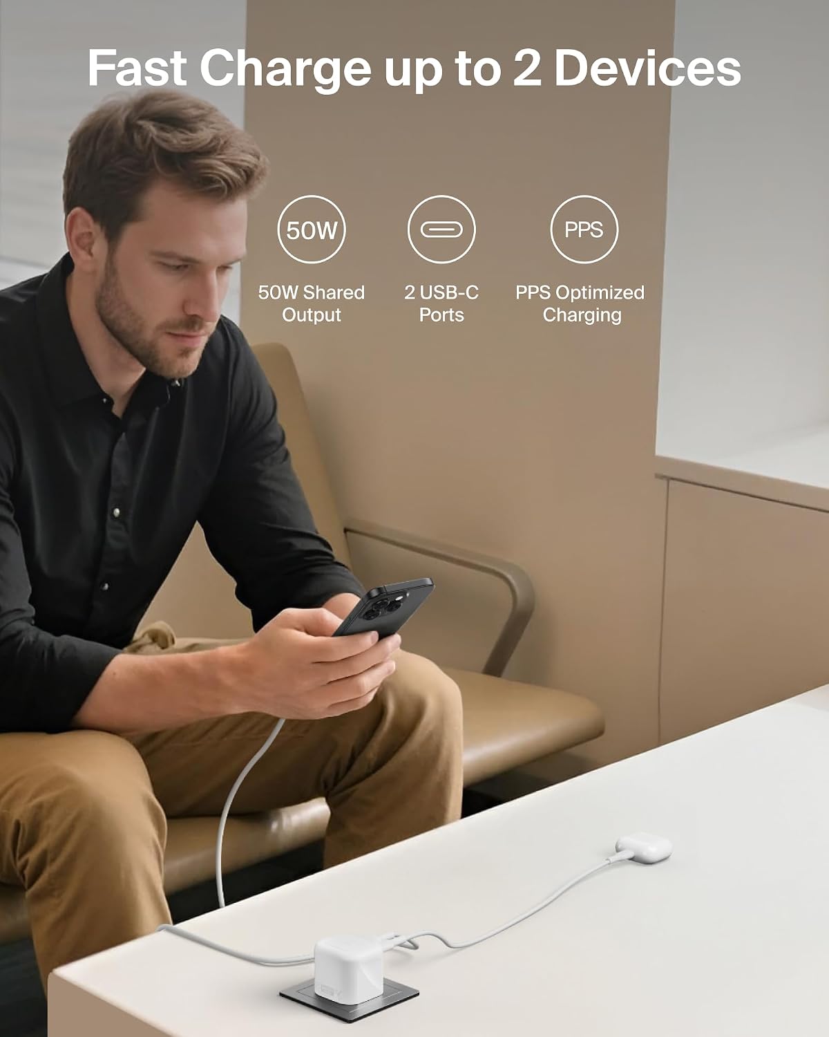 Belkin 2-Port USB-C Plug 50W, Dual-Port GaN Charger with 2x USB C Ports, Fast Charging for MacBook, iPhone 17/16, iPad Pro, Chromebook, Galaxy S25 Ultra, Pixel 10, etc. - Travel Essentials - White
