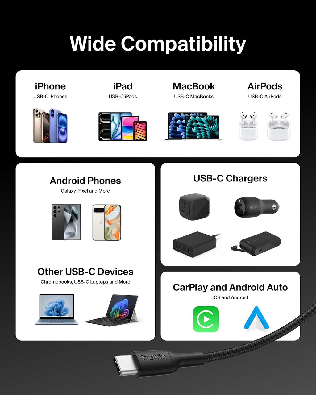 Belkin Eco Braided USB-C to USB-C Cable (2M, 240W) - Soft, Flexible Fast-Charging Cable, Type C Charger Cord for iPhone 16, Galaxy S25, Pixel 9, MacBook, iPad Pro, & More - Black (USB 2.0)