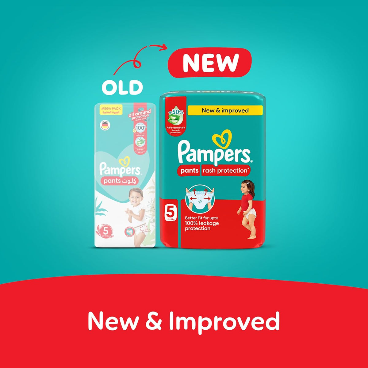 Pampers Rash Protection Pants Diapers, Size 5, 12-18kg, +50% Aloe Vera Lotion, 360° Leak-Free Fit for up to 100% Leakage Protection, 192 Count