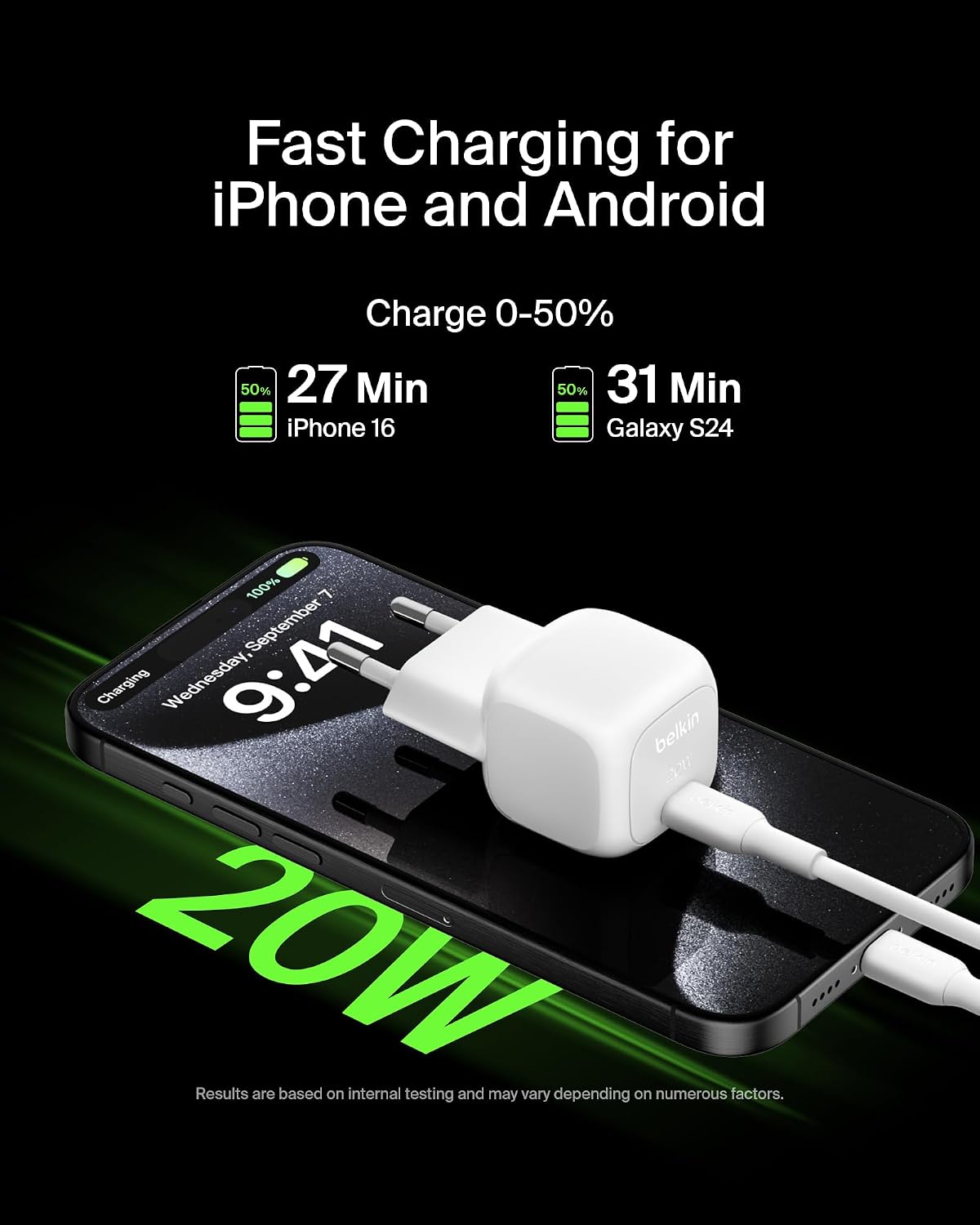 Belkin BoostCharge Compact Charger (20W) USB-C Power Delivery Fast Charger Power Supply for Apple iPhone 16, Samsung Galaxy S25, iPad, AirPods etc. Includes USB-C Cable - White