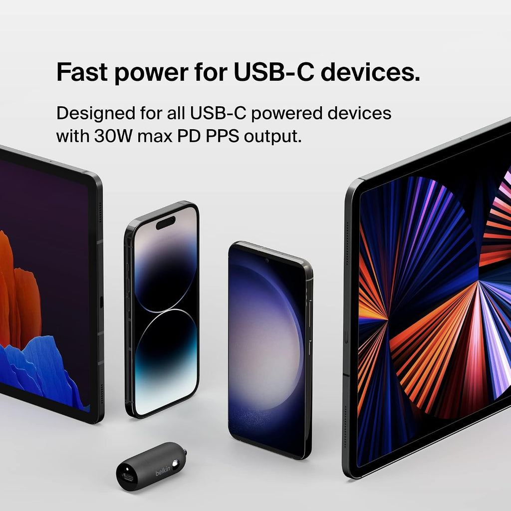Belkin Fast Charge 30W Fast Car Charger, Compact Design with USB-C Power Delivery Port, USB Car Charger with Universal Compatibility for iPhone 16, 15, Samsung Galaxy S23, Note, Pixel and More - Black