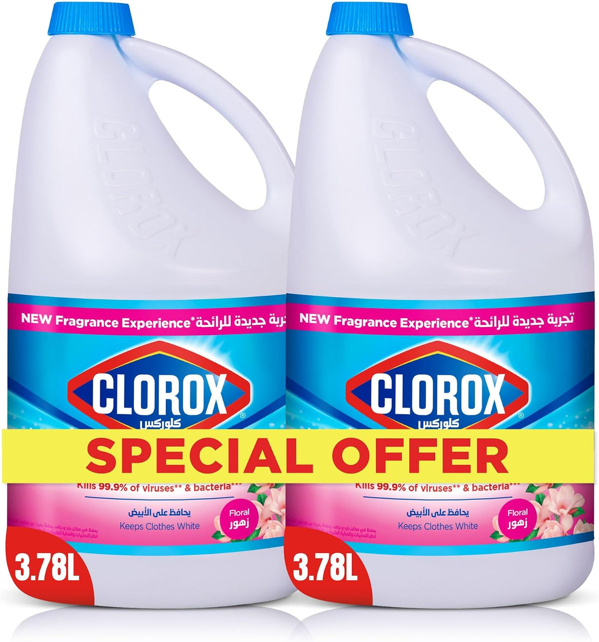 Clorox Liquid Bleach 3.78L, Floral Scent, Dual Pack Offer, New Fragrance Experience, Kills 99.9% of Viruses and Bacteria — front product image