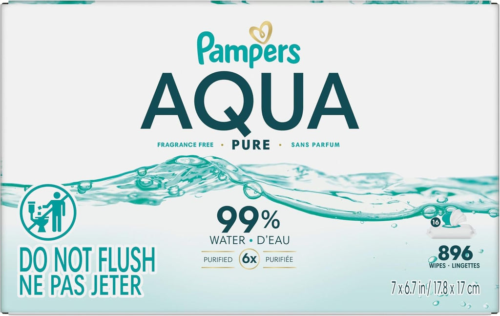 Pampers Aqua Pure Sensitive Baby Wipes, 99% Water, Hypoallergenic, Unscented (896 Count, 16 Flip-Top Packs)