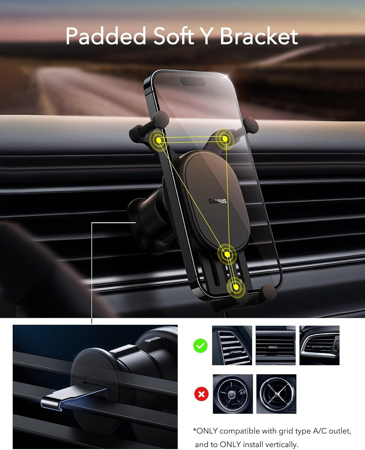Baseus Stable Gravitational 15W Wireless Car Charger, Rotatable Phone Holder for Air Vent, Car Phone Mount — Wireless-Auto Lock (SG) — Black